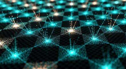 Futuristic Network on Checkerboard Surface with Glowing Connections.