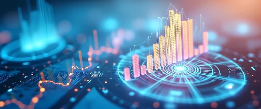 Futuristic data visualization with dynamic graphs pulsating, camera smoothly panning across digital interface, capturing the essence of financial technology in a cinematic style.