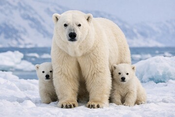 Fototapeta premium Polar bear mother standing protectively with two cubs on snowy Arctic landscape near icy ocean background
