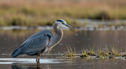 Great blue heron standing in water with natural background