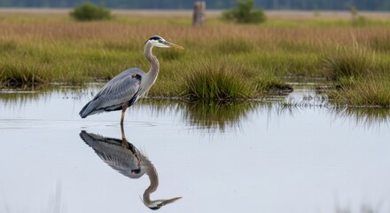 Great blue heron standing in shallow water with reflection