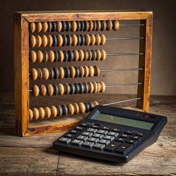Wooden abacus and calculator on a rustic wooden table, brown backdrop