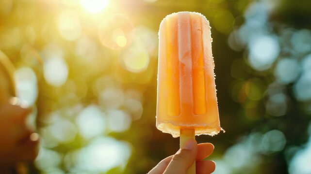 Hand holding orange popsicle in bright sunlight with out-of-focus background