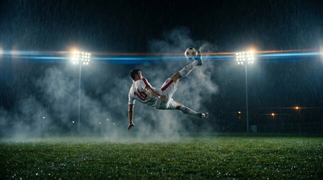 Soccer player kicking ball mid air with an overhead technique on a wet grass field, illuminated by bright stadium lights during a professional match with dramatic rain and smoke effects