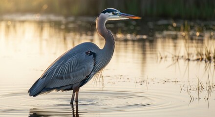 Naklejka premium Great blue heron standing in shallow water with golden reflections
