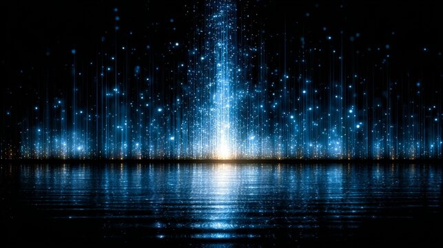 The digital waterfall consists of flowing light streams and particle effects