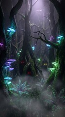 Fototapeta premium Mysterious ancient trees and bioluminescent mushrooms illuminate a foggy, enchanted forest where unseen creatures with glowing eyes watch from the eerie shadows