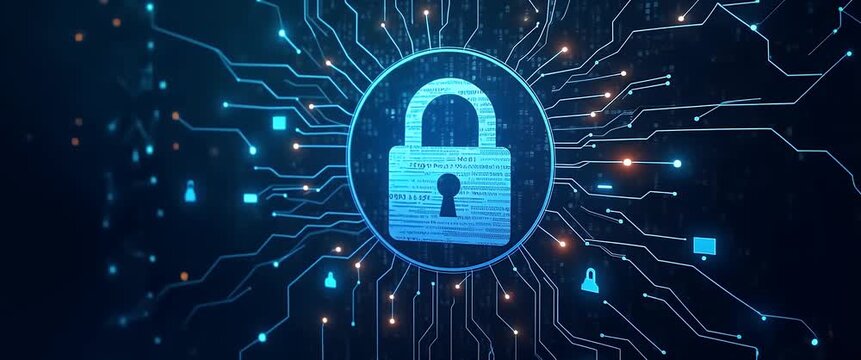 Digital lock icon pulses with a soft glow as the camera slowly pans, revealing a network of secure connections; futuristic, cinematic style enhances cybersecurity theme.