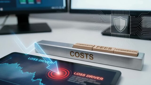 Finance risk controls cost loss driver fee commission concept digital dashboard tablet screen with downward trend graph and shield icon for business