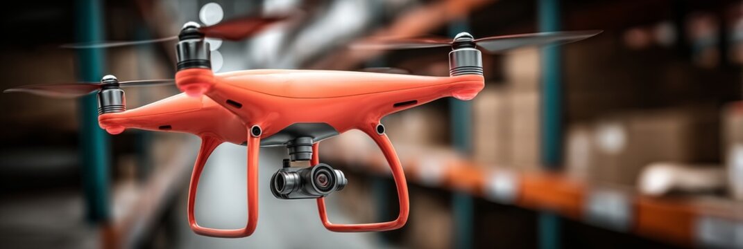 Daytime in a modern warehouse sees drones delivering packages among shelves filled with boxes under bright lighting