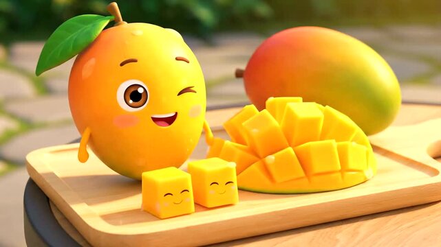 Animated Mango Fruits Smiling and Winking on Wooden Tray, Cute Cartoon.