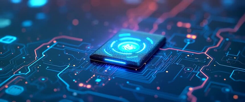 Cutting-edge microchip powers up on a futuristic circuit board, glowing with energy as the camera slowly pans across the high-tech landscape; digital innovation in cinematic focus.