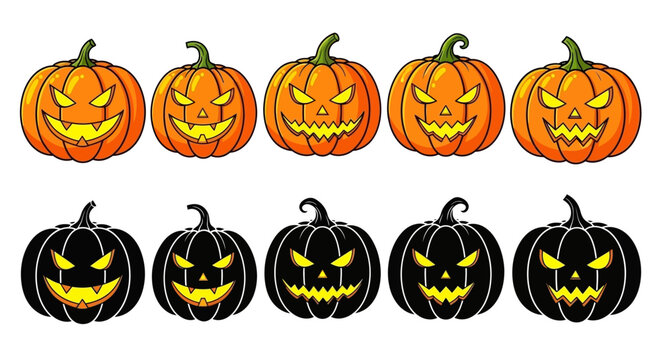 Set of Spooky Halloween Pumpkins with Scary Faces, Orange and Black Varieties