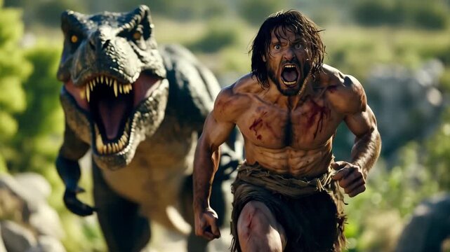 A caveman sprints in terror from a giant dinosaur in a prehistoric environment filled with rocks and greenery