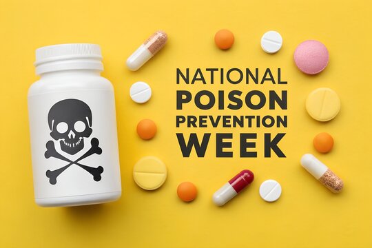 National poison prevention week awareness concept featuring a white medication bottle with a black skull and crossbones symbol surrounded by various colorful pills on a bright yellow background promot