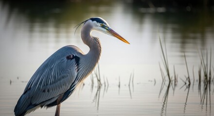Naklejka premium Great blue heron standing in water with head turned and long beak