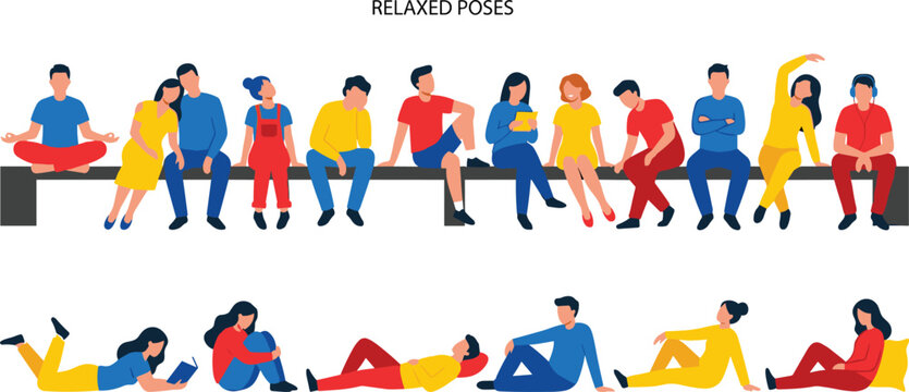 Flat illustration of diverse people in relaxed poses sitting and lying together, modern colorful characters showing leisure activities, rest, social interaction, and everyday lifestyle scenes