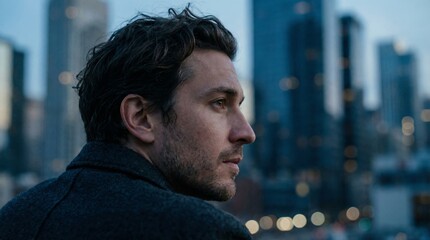 Thoughtful man in profile looks out over a blurry urban cityscape at dusk, contemplating new ideas and opportunities in the vast metropolitan environment