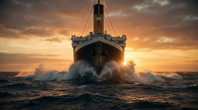Grand steamship navigates ocean waves at golden hour, creating a powerful bow wave and evoking themes of historical travel, adventure, and exploration