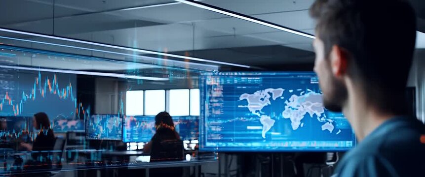 Professional analyst studies dynamic stock market graphs on a digital screen; camera slowly pans across a high-tech office setting, highlighting innovation and technology in a cinematic style.