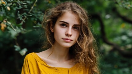 Naklejka premium Young white woman portrait in forest greenery, calm thoughtful mood with natural light, lifestyle beauty and wellness theme, outdoor summer day setting