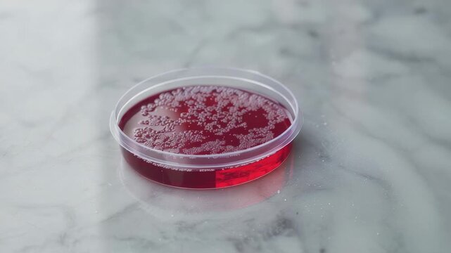 Clear petri dish with red agar and bacterial colonies