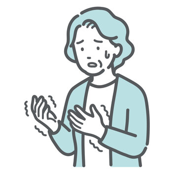 手の痺れ・震えに戸惑う高齢女性のイラスト（パーキンソン病・脳梗塞・リウマチ）