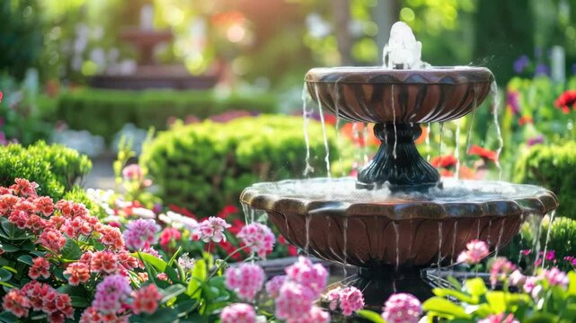 Beautiful garden fountain surrounded by colorful flowers and lush greenery