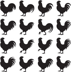 Naklejka premium black rooster silhouettes on white background