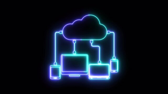Cloud computing glowing neon icon 4K video animation	
