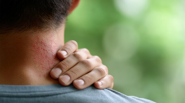 Close up of man scratching red itchy skin on neck caused by mosquito or insect bites, with blurred green background, highlighting skin irritation and discomfort