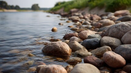 Smooth wet river stones line the edge of a flowing stream on a bright clear day showcasing natural textures