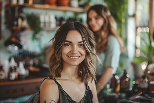 A young woman with shoulder-length hair smiles confidently while sitting in a stylish hair salon. In the background, another stylist tends to their work, creating a warm atmosphere