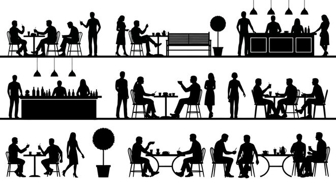 Silhouettes of people dining and socializing in various restaurant and bar settings, depicted in black and white.