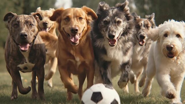 Furry Football Frenzy: A pack of spirited dogs bounds forward in hot pursuit of a soccer ball, their eyes fixated on the game as they run across a vibrant green field.