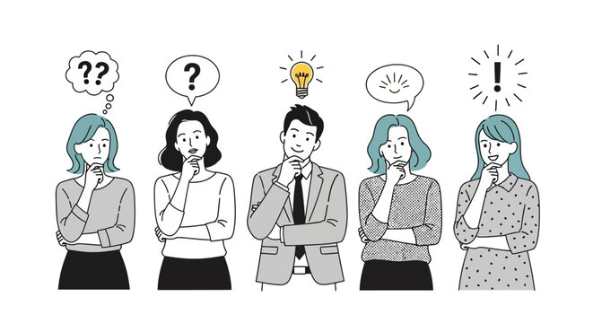 A diverse group of five people are depicted in a line, each with a thought bubble above their head, illustrating different stages of thinking and problem-solving.