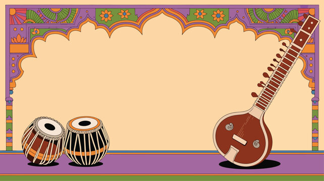 Indian classical music instruments under ornate archway