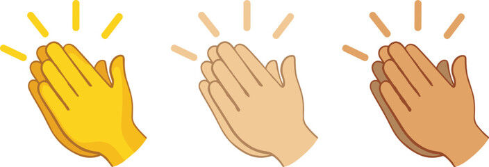 Clapping hands emojis vector illustration, diverse skin tones yellow beige brown, motion lines, inclusive digital communication, cartoon celebration art design © Mozibur