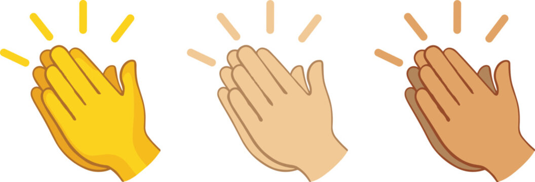Clapping hands emojis vector illustration, diverse skin tones yellow beige brown, motion lines, inclusive digital communication, cartoon celebration art design