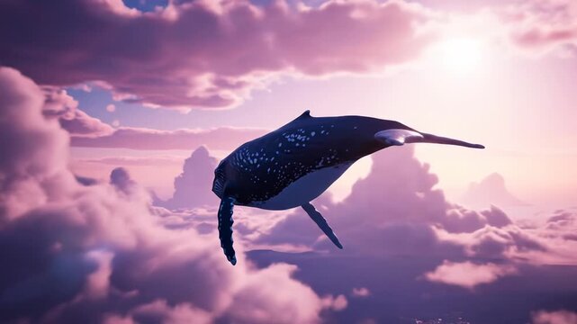 A computer-generated rendering shows a whale breaching above a sea of clouds at sunset
