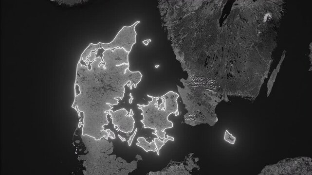 Zoom from Earth to Denmark, a documentary dark map animation with highlighted glow outline country borders. 3d satellite world map animation highlights aerial views, tourism, and travel. 4k