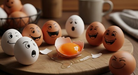 Humorous Eggs with Painted Faces Surrounding a Broken Egg.