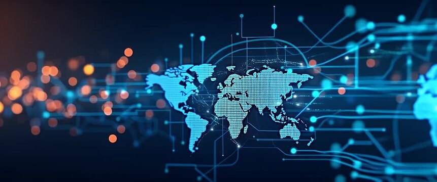 Dynamic digital map with data points pulsing, camera gently panning across the scene, vibrant lights flickering in a futuristic, cinematic style.