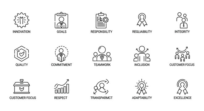 Line art icons representing business values and workplace ethics concepts