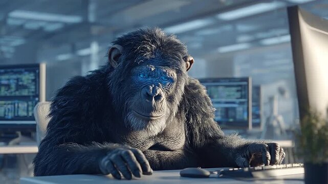 Ape in the Digital Realm: A chimpanzee sits at a desk, surrounded by computer screens, engaged in digital activity. It's a juxtaposition of nature and technology.