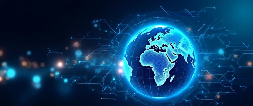Digital globe rotates with flickering lights in a futuristic network, as the camera slowly pans across a high-tech, cinematic scene, highlighting global connectivity and innovation.