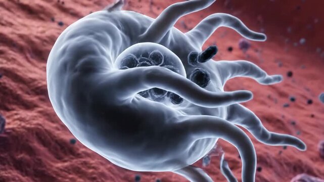 High-resolution 3D render of a cell responding to an infection, featuring pseudopod formation and internal particle dynamics.