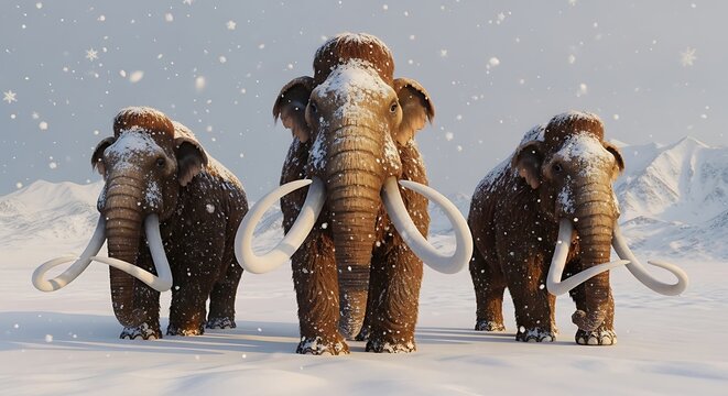 Woolly Mammoths in a Snowy Landscape - A Prehistoric Scene.