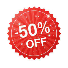 Eye-catching red sale badge showing fifty percent off discount for promotions.