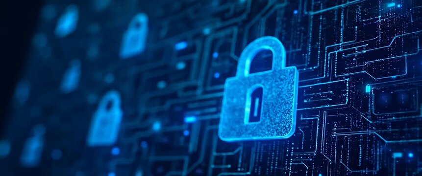 Digital padlock glows on a circuit board, representing cybersecurity; camera slowly pans across the scene with ambient light flicker, creating a sleek, futuristic atmosphere.